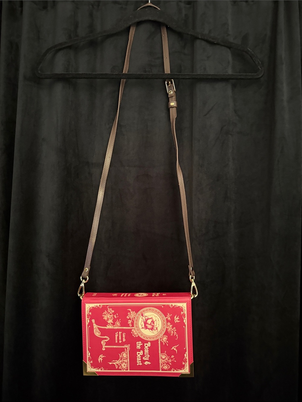 Red Illustrated Book-Style Crossbody Bag with Brown Strap